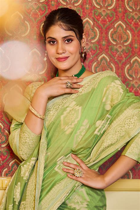 Dissemble Pista Linen Silk Saree With Efflorescence Blouse P