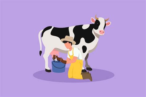 Karakter platte tekening jonge mannelijke boer melken van een koe in de ...