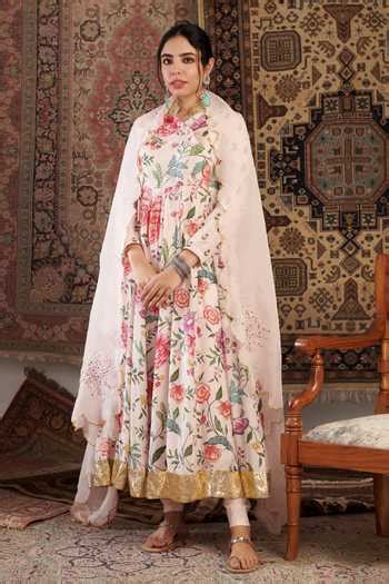 Buy Ivory Organza, Lycra, Satin, Floral Pattern Anarkali Churidar Set ...