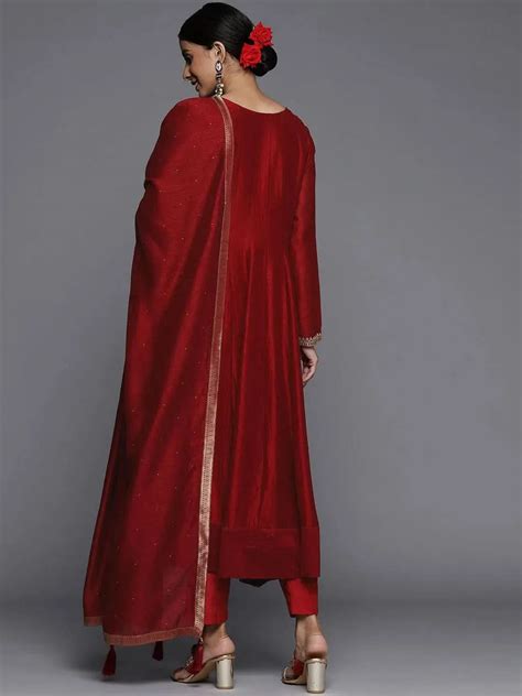 Buy Maroon Yoke Design Silk Blend Anarkali Suit With Dupatta Online at ...