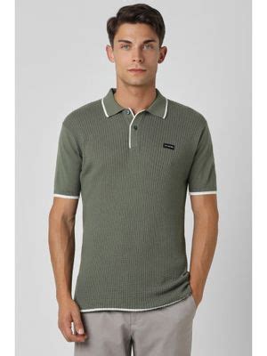 Buy Van Heusen Men Green Regular Fit Textured Collar Neck Polo T-Shirt ...