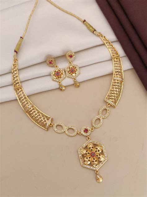 Elegant Gold Plated Flower Design Necklace Set With Ad Diamonds ...