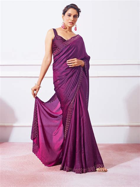 Mitera Purple Embellished Beads and Stones Satin Saree - Price History