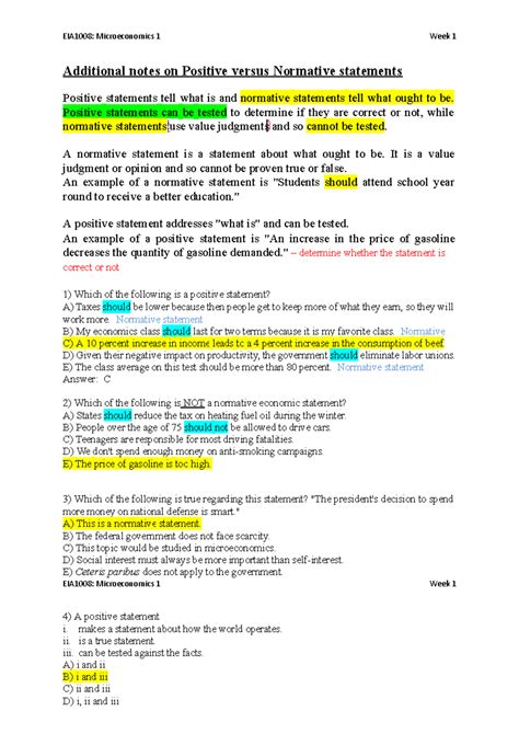 Additional notes on Positive versus Normative statements student - EIA1008: Microeconomics 1 ...