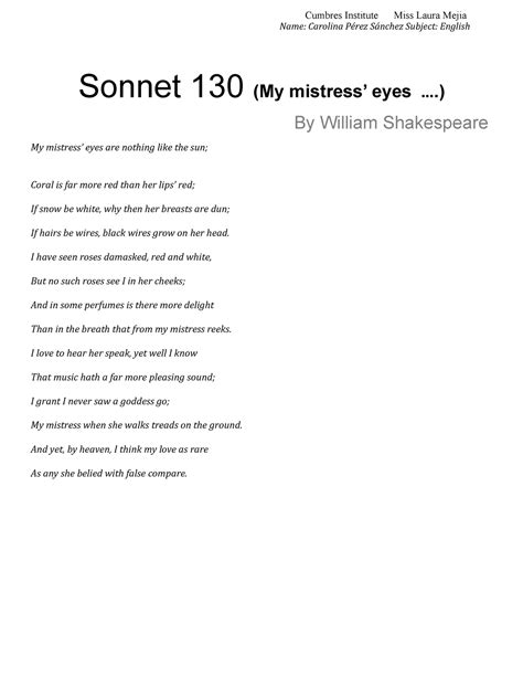Sonnet 130 Analysis with answers and description - Cumbres Institute ...
