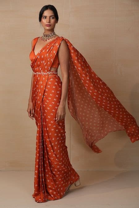 Buy Orange Modal Satin V Neck Printed Pre-draped Saree With Blouse For ...