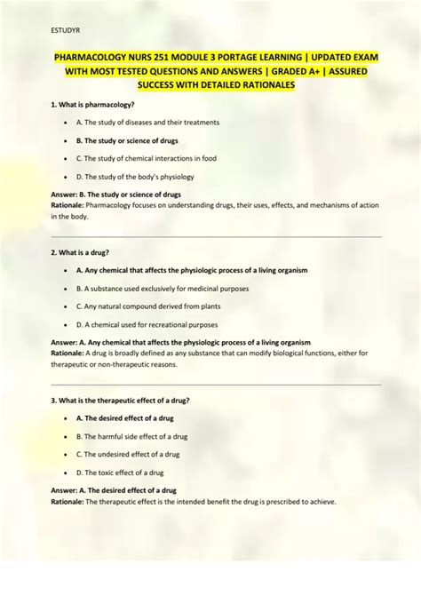 PHARMACOLOGY NURS 251 MODULE 3 PORTAGE LEARNING | UPDATED EXAM WITH ...