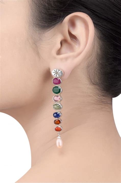 Silver Navratna Oval Star Earrings