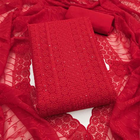 Elegant Red Floral Thread Embroidered With Sequins Work Georgette Dres