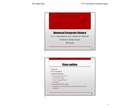 Lec1 - Advanced Corporate Finance Lec 1 Introduction and Valuation ...