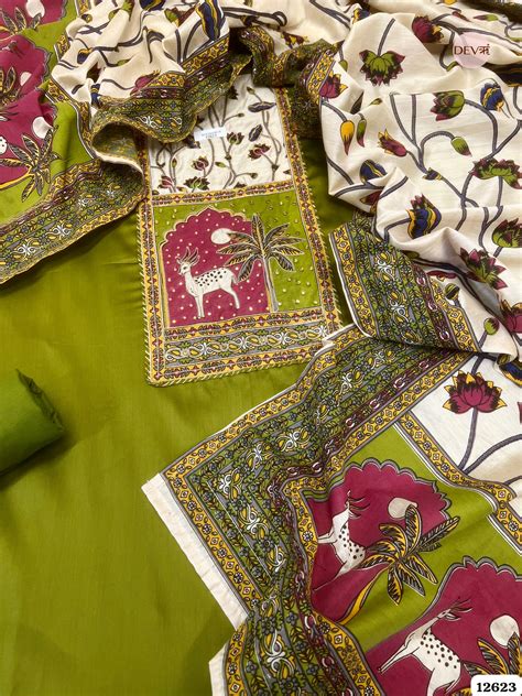 Olive Green Cotton Printed Unstitched 3-Piece Suit (Devri – D.No 12623