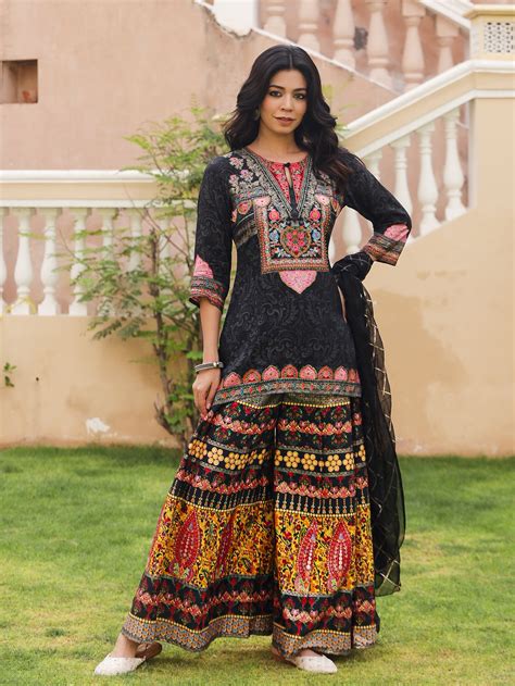 Black Viscose Tunic Sharara Set with Sequins & Thread Work - Juniper ...