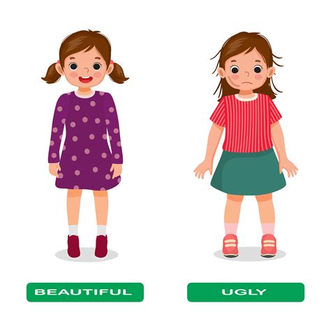 Opposite adjective antonym words beautiful and ugly illustration of pretty little girl with tied ...