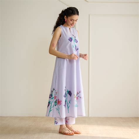 Buy Aviva Patchwork Cotton Kurta Set with Mulmul Slip - Lavender ...