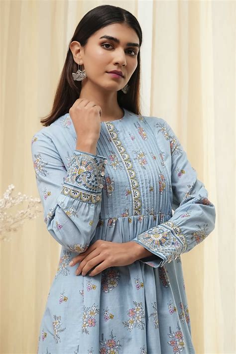 Buy Dull Blue Cotton Flared Printed Kurta Set Online at Biba India