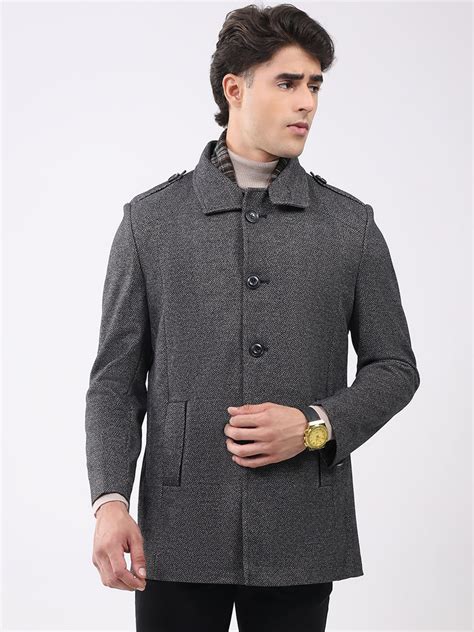 Buy Men Charcoal Self Design Collar Full Sleeve Coat Online in India ...