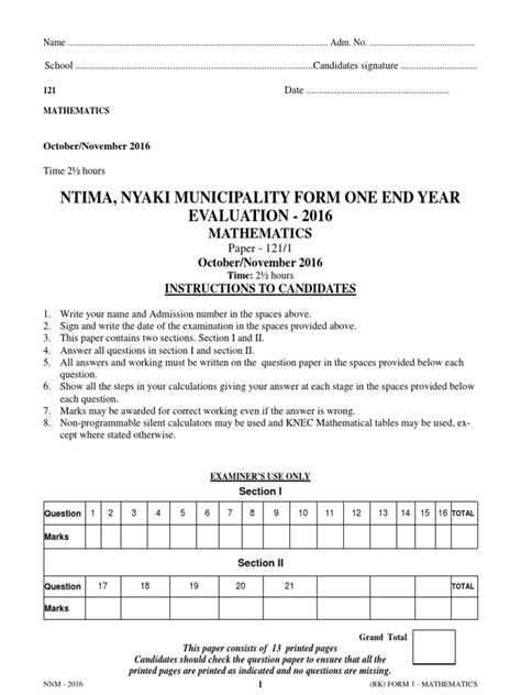 Image result for Form 1 Mathematics Questions and Answers PDF