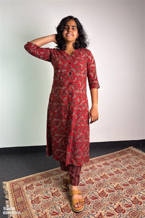 Ajrakh Neem Leaves Madder Red Cotton Aline Kurta- Lobha Deepthis