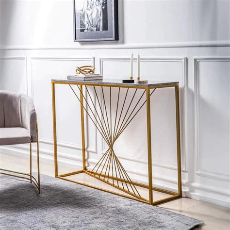 Luxury Marble Wall Console Table In Sleek Golden Rods Design – Decor Mantra