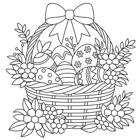 Easter coloring pages festive wicker basket with bow flowers and ...