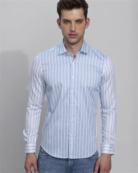 Buy Men's Blue and White Extreme Striped Slim Fit Shirt Online at Bewakoof