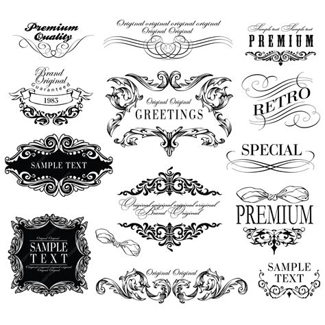 Black vintage ornaments with labels and ribbon vector | Premium Vector