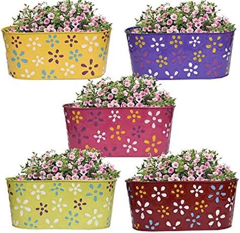 CINAGRO Set of 5 Polka Dotted Galvanised Metal Hanging Railing Planter ...