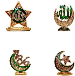 FABZONE Combo of 4 Gold Plated With Stone Allah Sign, Chand, 786 Statue ...