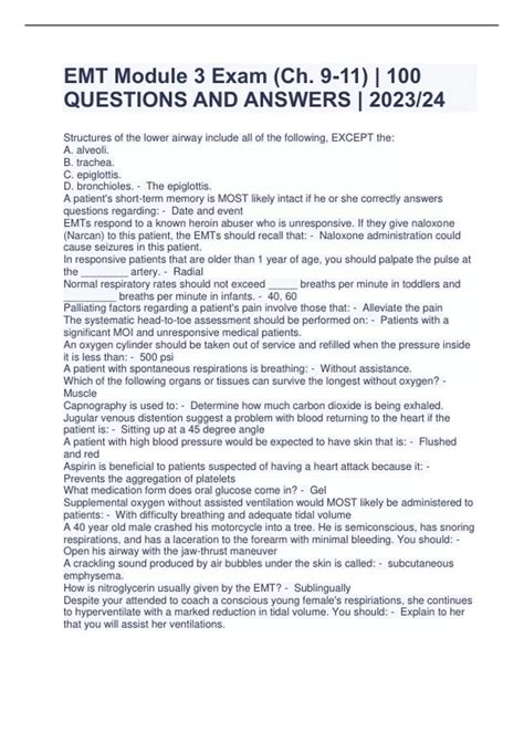 EMT Module 3 Exam (Ch. 9-11) | 100 QUESTIONS AND ANSWERS | 2023/24 ...