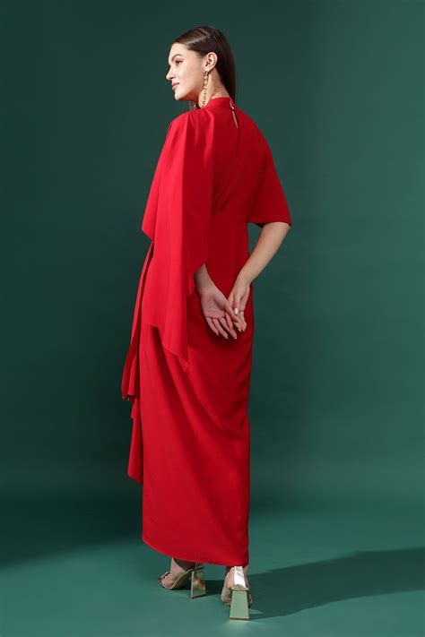 Aakaar - Red Pleated Draped Dress - Elahe