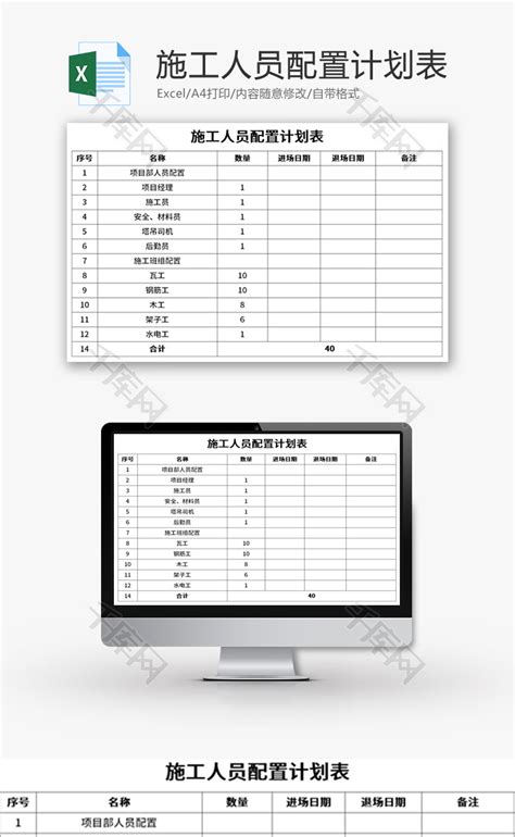 施工人员配置计划表Excel模板_千库网(excelID：168491)