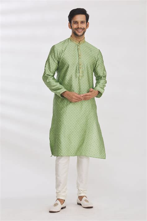Buy Green Jacquard Silk Brocade Woven Checkered Kurta Set For Men by ...