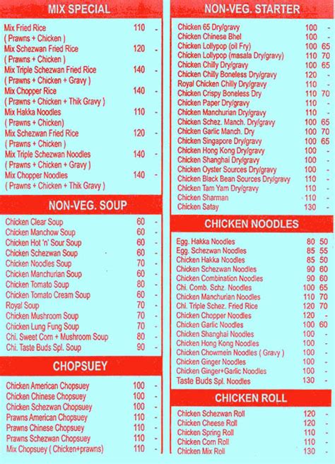 Taste Buds Menu, Menu for Taste Buds, Mira Road, Western Suburbs, Mumbai