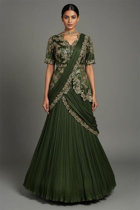 Green Chinon Chiffon Lehenga with Attached Dupatta and Long Top ...