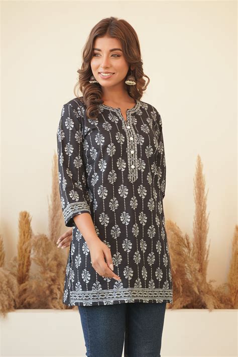 Black Motif Printed Cotton Kurti – Inhabit Store