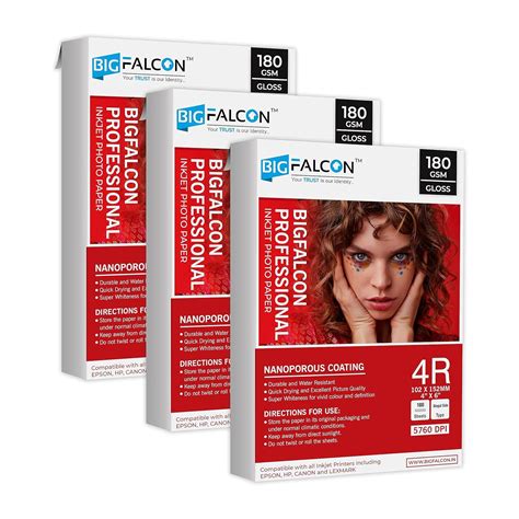 BIGFALCON Professional 180 GSM 4R Size (4X6 inch) Glossy Cast Coated ...