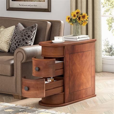 Solid Wood Chairside End Table, Two-Drawer Narrow Side Table Slim ...
