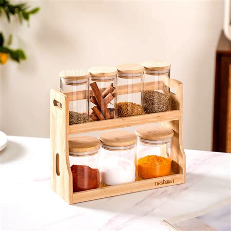 Glass Spice Jars With Wooden Storage Rack Online - Premium Spice Jar ...