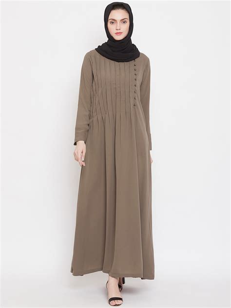 Nabia Women Oat Solid Side Plate Abaya Dress with Georgette Scarf