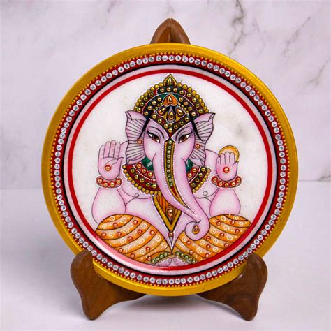 Lord Ganesha, Gold Leaf 9 Inch Marble Plate - Handicraft Bazaar