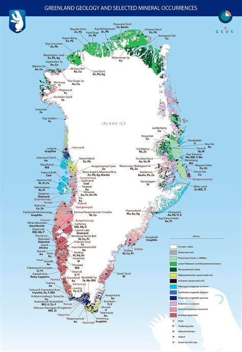 Large detailed Greenland geology and selected mineral occurrences map ...