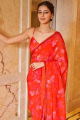 Dohr | Blush pink & red organza floral printed saree with blouse ...