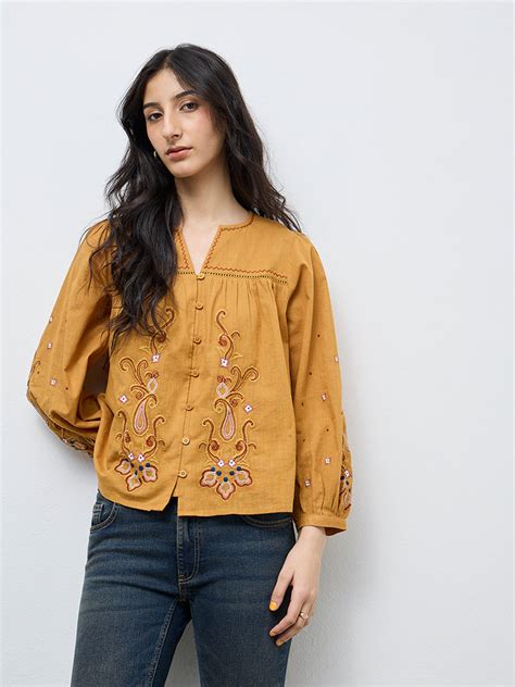 Buy Bombay Paisley Yellow Embroidered Cotton Top from Westside