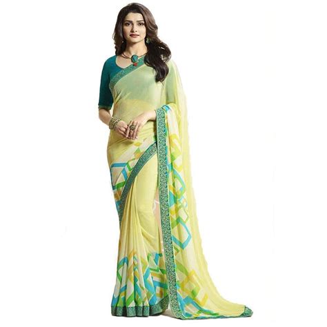 Yellow Square Printed Georgette Saree – Designer mart