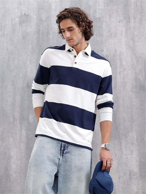 Yarn Dyed Striped Rugby Polo With Twill Collar | Navy Blue – Wrogn