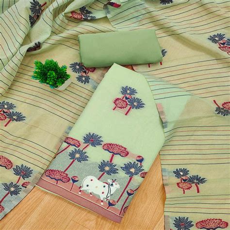 Pista Green Cotton Blend Dress Material With Intricate Floral Zari Wea
