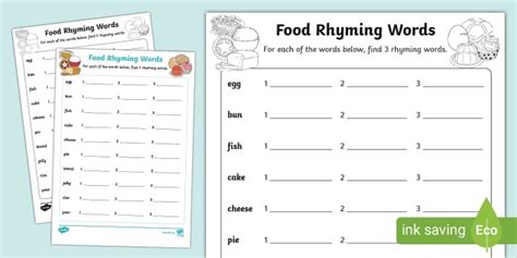 Food Rhyming Words Worksheet