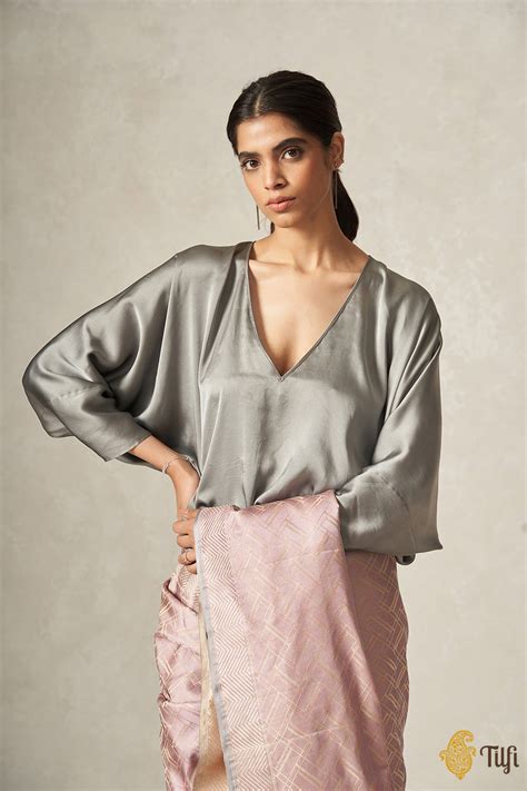 Ash Grey Pure Satin Silk V-neck Loose Fit Blouse - Tilfi