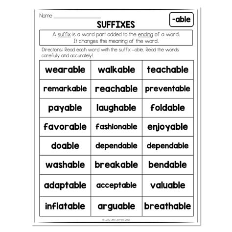 Suffixes - Worksheet Reading List -ABLE - Lucky Little Learners