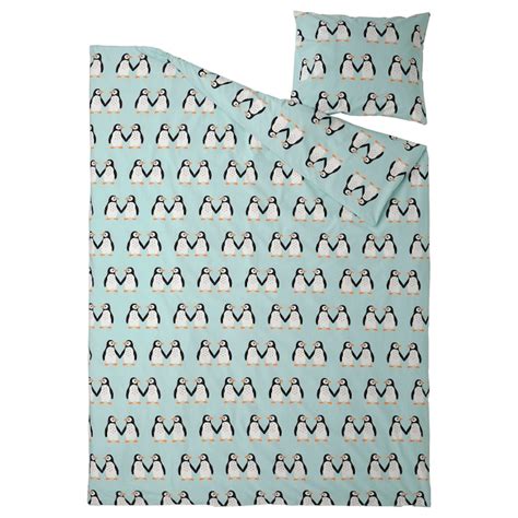 BLÅVINGAD duvet cover and pillowcase, penguin pattern/light turquoise ...